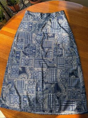 Blue Patchwork Print Midi Skirt